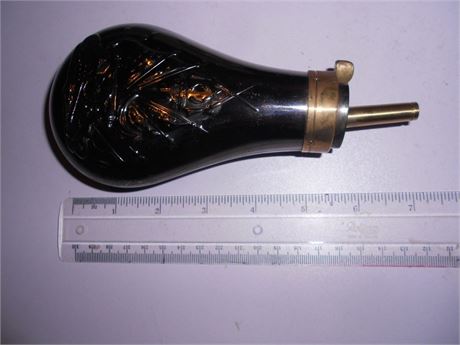 POWDER FLASK - NEW - 5 1/2in.BODY ANGLED SPOUT FOR .36 Cal OR 44 Cal REVOLVER