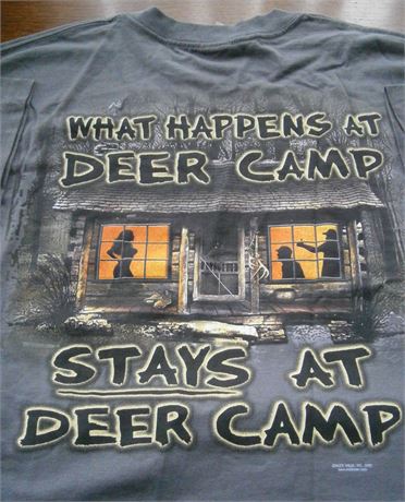 Dark Grey "Deer Camp"  Large T Shirt .