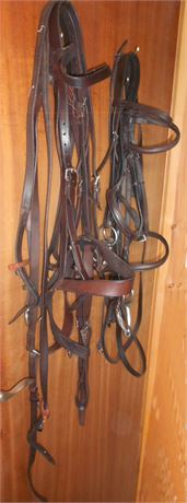 BRIDLES - TWO FULL SIZE - ONE PONY + VARIOUS BITS & MARTINGALE