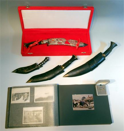 GHURKA PHOTO ALBUM + A NEPALISE PRESENTATION KUKRI + 3 OTHER KUKRI's + BROOCH